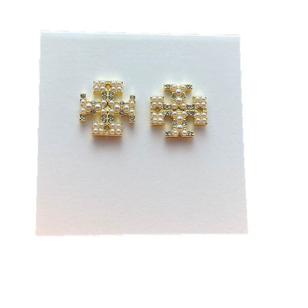 Tory Burch Gold Plated Double Micro Pave Cross Stud Earrings - Picture 5 of 7